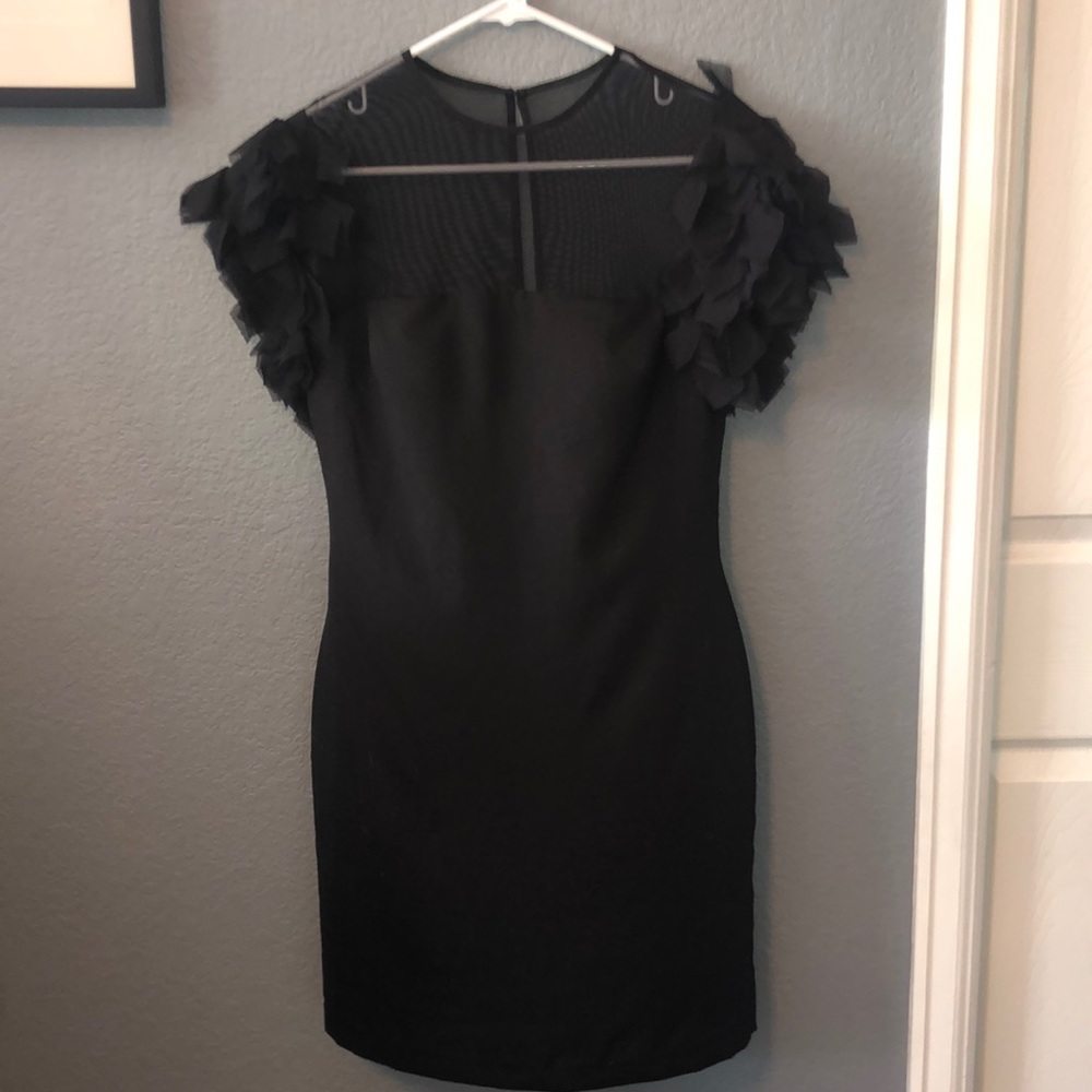 Black Cocktail Dress with Tulle Ruffle Cap Sleeves